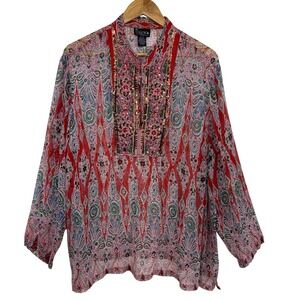 NY Collection 100% Silk Sequin Tunic Blouse Sheer Resort Top Boho Paisley Small